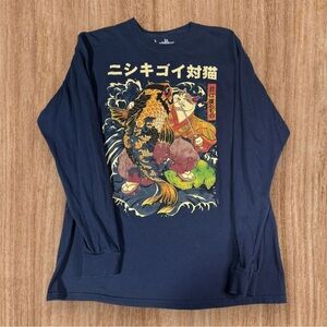 Threadless “The Cat and The Koi” Navy Graphic Long Sleeve Shirt